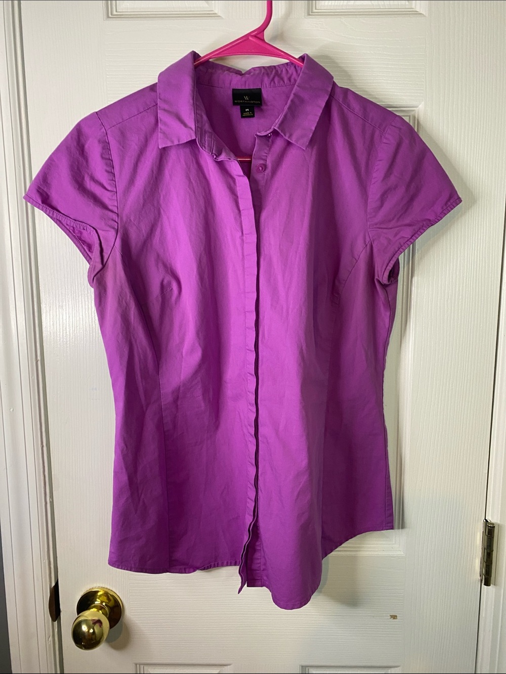 Worthington Purple Short Sleeve Button-Down Shirt Women’s Size Medium.